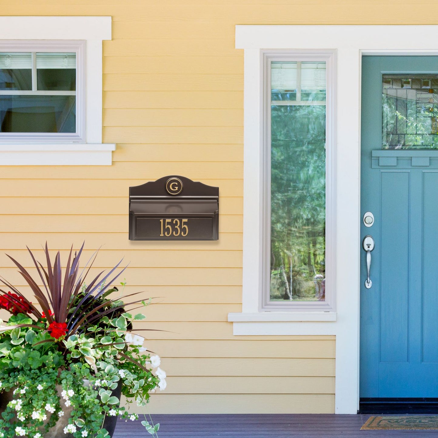 Bronze and gold custom wall mount mailbox with personalized house number and monogram, handcrafted in USA, enhancing curb appeal, featured in Home & Decor and Mailboxes and Address Signs collections.