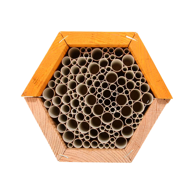 Handcrafted hexagonal bee house made from natural pine wood with bundled paper straws, designed to provide shelter for beneficial bees, featured in Farm, Garden & Tool, Garden Accessories, Best Sellers, and Promo Eligible collections.