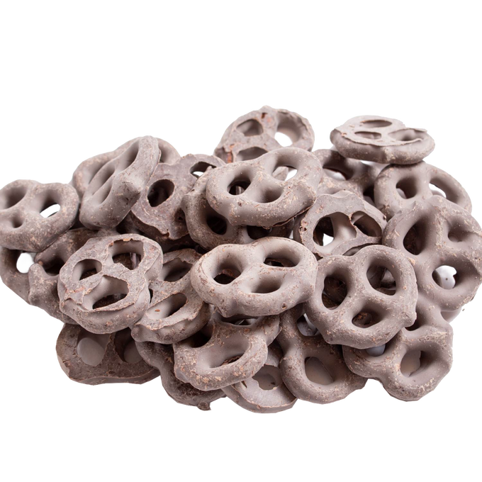 Pile of handcrafted mini pretzels covered in rich dark chocolate, made in USA, a savory and sweet snack perfect for Kitchen & Food, Candy, Snacks and Sweets, USA Made, Best Sellers, Promo Eligible collections.