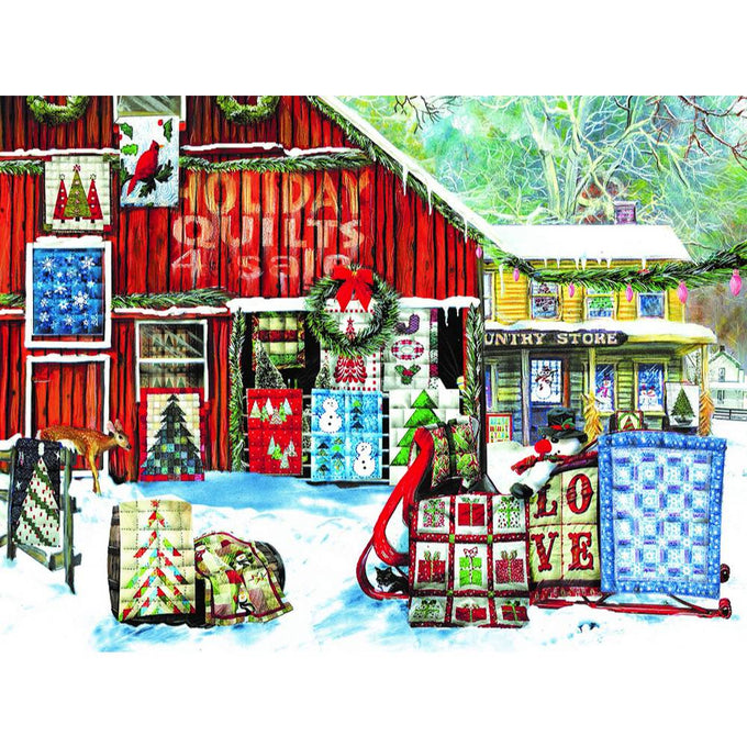 Colorful winter scene of handmade holiday quilt patterns displayed outside a red barn and yellow country store, showcasing handcrafted, Amish-made designs in a festive, snowy setting.