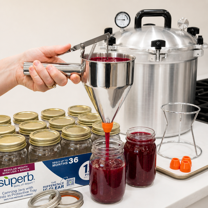 Handcrafted stainless steel funnel with clamp pouring red preserve into glass jars beside pressure canner and jar set, featured in Kitchen & Food and Food Preservation collections.