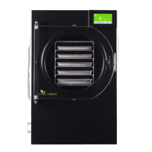 Black Harvest Right Home Pro Freeze Dryer with clear door displaying multiple metal trays inside, featuring a green touchscreen for easy operation, ideal for Kitchen & Food, Food Preservation, Freezing, Drying, and Best Sellers collections.