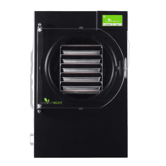 Black Harvest Right Home Pro Freeze Dryer with clear door displaying multiple metal trays inside, featuring a green touchscreen for easy operation, ideal for Kitchen & Food, Food Preservation, Freezing, Drying, and Best Sellers collections.