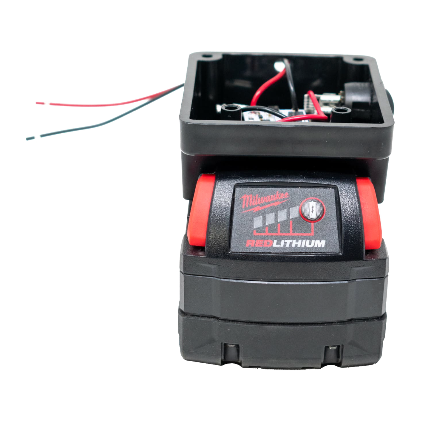 Black battery light adapter box featuring red and black wiring and a visible Milwaukee Red Lithium battery, designed for use in Lamps & Lighting, Battery, Solar, LED, and Best Sellers collections.