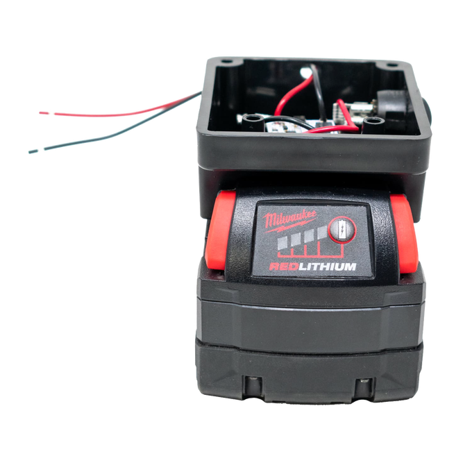 Black battery light adapter box featuring red and black wiring and a visible Milwaukee Red Lithium battery, designed for use in Lamps & Lighting, Battery, Solar, LED, and Best Sellers collections.