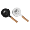 Two Petromax enamel pans for outdoor cooking in black and white, each featuring a wooden handle and decorative symbols on the base, perfect for camping and cookware collections.