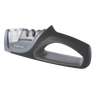 Black and gray handheld knife sharpener with ergonomic handle and dual sharpening slots for coarse and fine edges, designed for kitchen and food prep use.