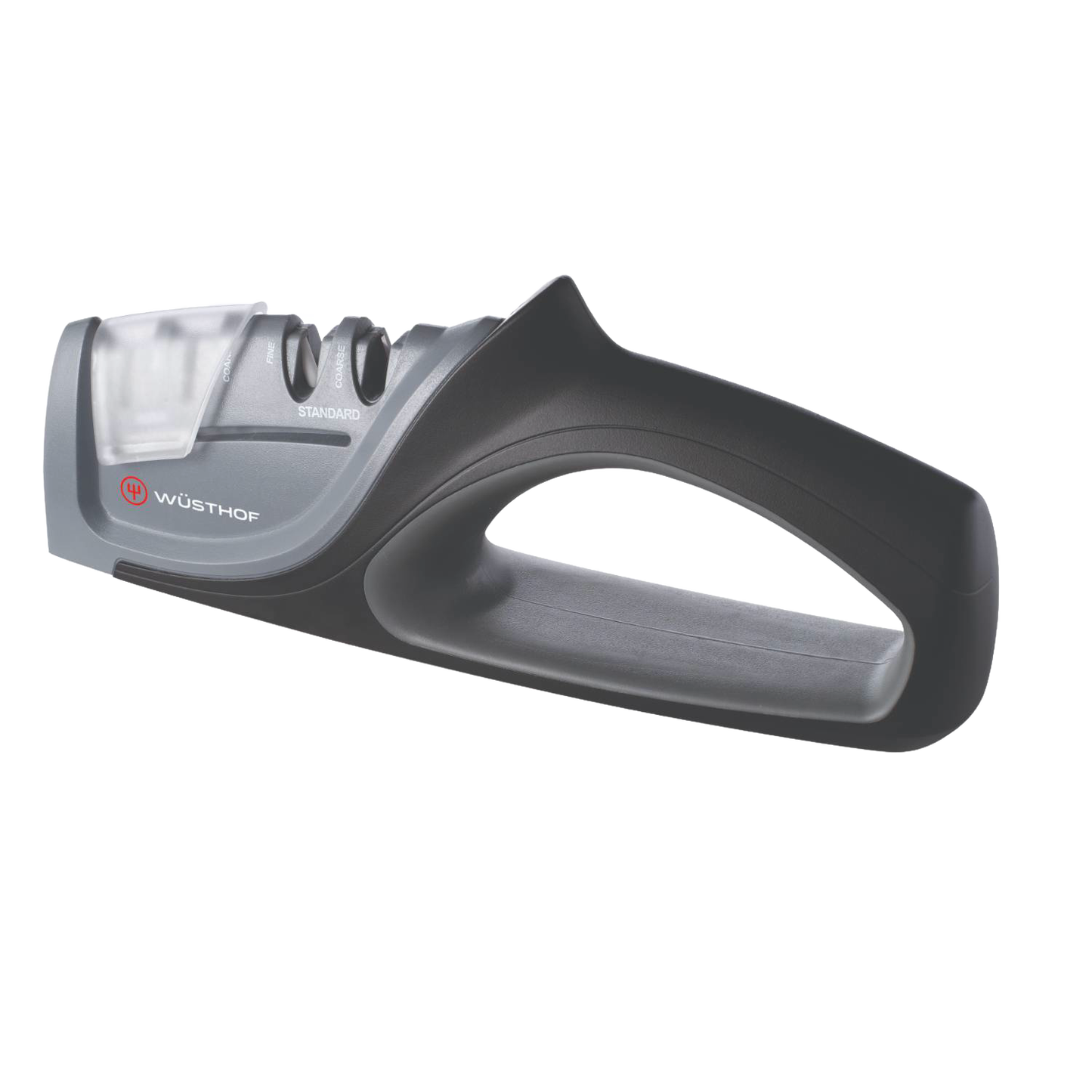 Black and gray handheld knife sharpener with ergonomic handle and dual sharpening slots for coarse and fine edges, designed for kitchen and food prep use.