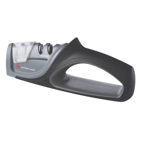 Black and gray handheld knife sharpener with ergonomic handle and dual sharpening slots for coarse and fine edges, designed for kitchen and food prep use.