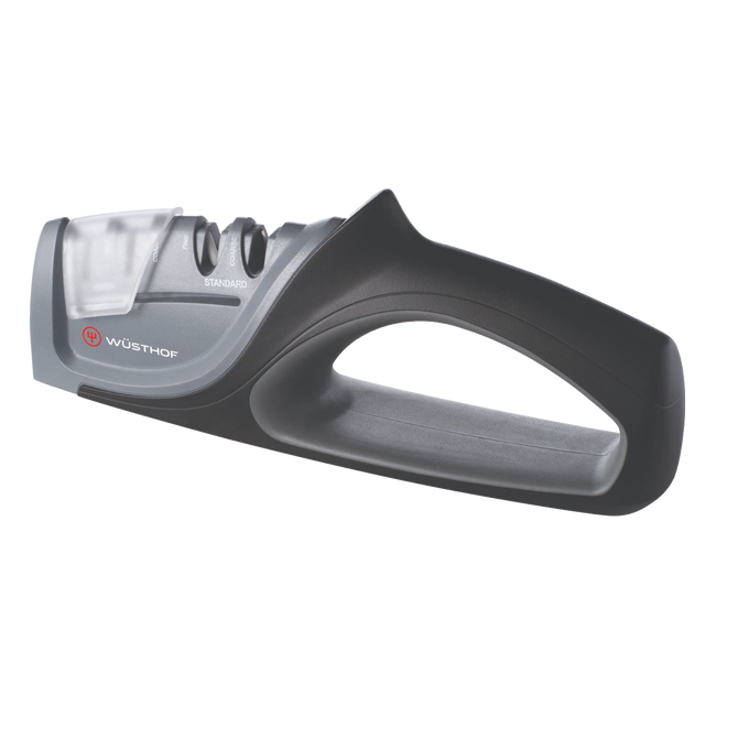 Black and gray handheld knife sharpener with ergonomic handle and dual sharpening slots for coarse and fine edges, designed for kitchen and food prep use.