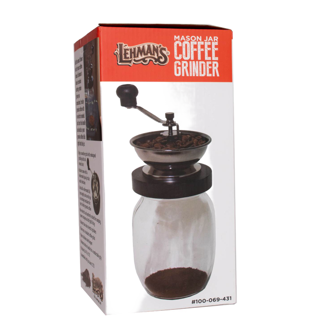 Handcrafted mason jar coffee grinder with ceramic burr and hand crank, designed for consistent fresh grinding, featured in Kitchen & Food, Brewing Coffee and Tea, Kitchen Gadgets, Kitchen Accessories, Best Sellers, and Promo Eligible collections.