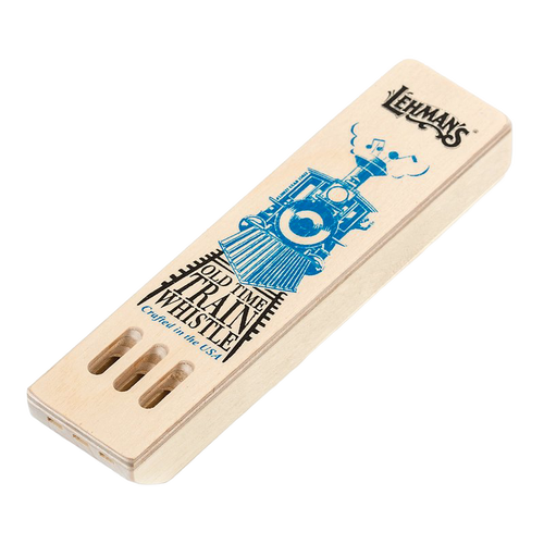 Handcrafted wooden train whistle with blue locomotive print, made in USA, perfect for indoor play, children’s toys, and part of best sellers and Toys, Books & Games collections.