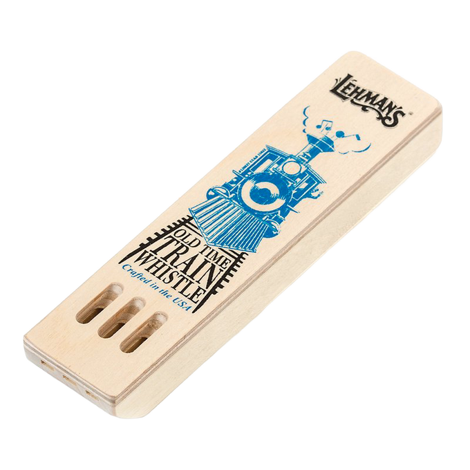 Handcrafted wooden train whistle with blue locomotive print, made in USA, perfect for indoor play, children’s toys, and part of best sellers and Toys, Books & Games collections.