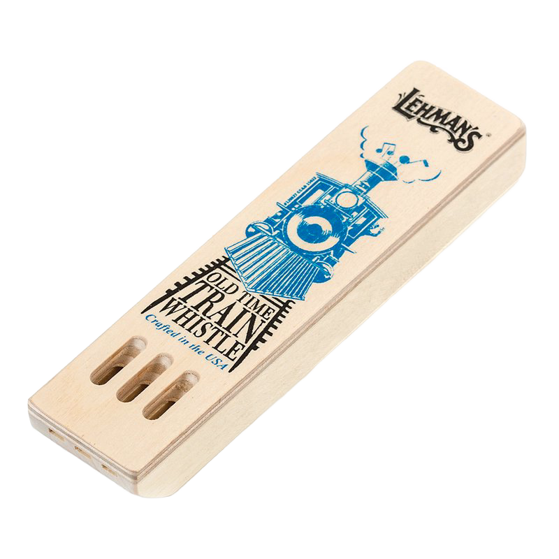 Handcrafted wooden train whistle with blue locomotive print, made in USA, perfect for indoor play, children’s toys, and part of best sellers and Toys, Books & Games collections.