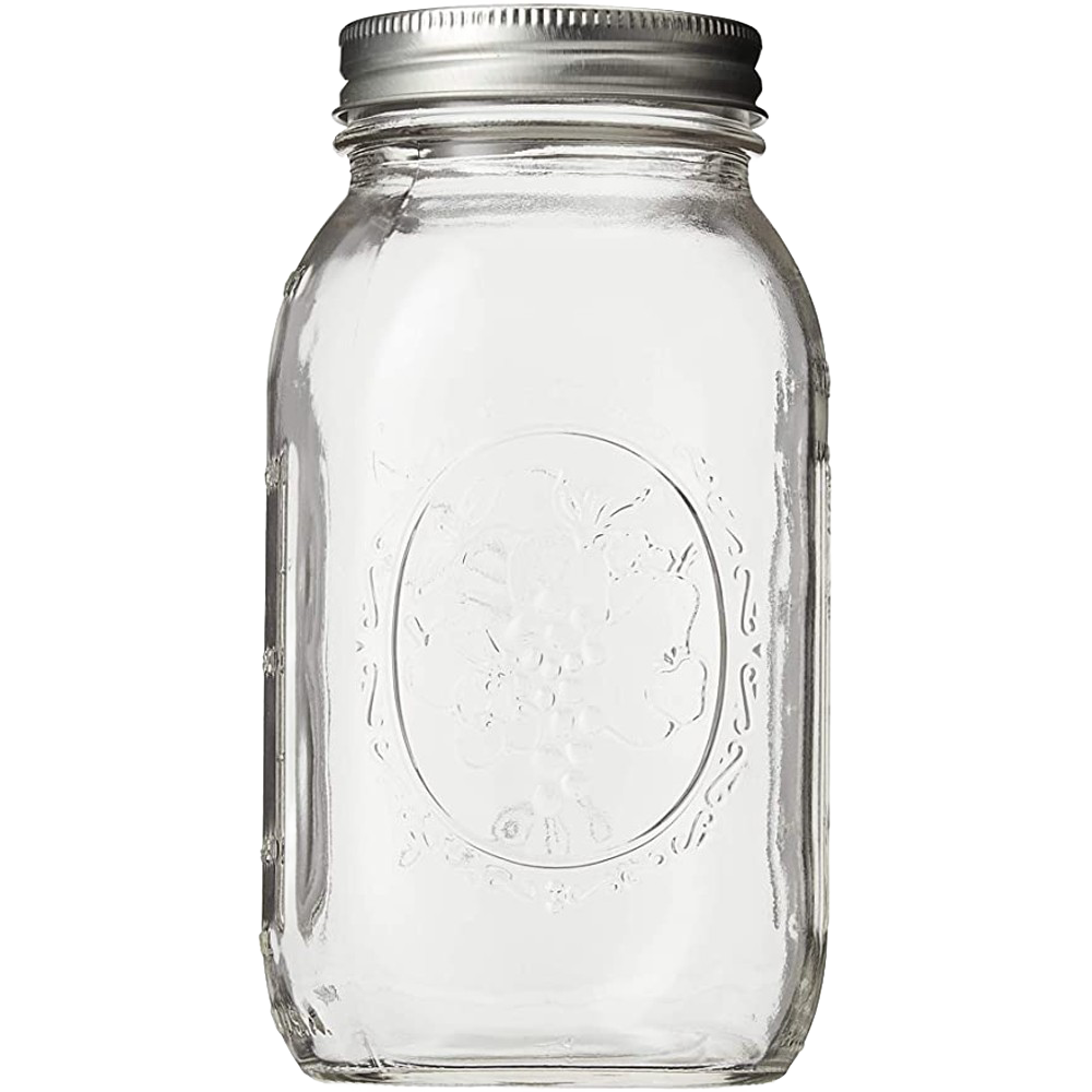 Clear glass regular-mouth canning jar with metal lid featuring embossed vintage fruit design, ideal for Kitchen & Food, Food Preservation, Canning, USA Made, and Best Sellers collections.