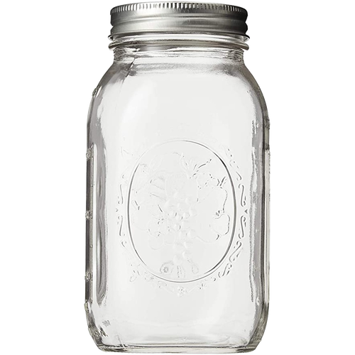 Clear glass regular-mouth canning jar with metal lid featuring embossed vintage fruit design, ideal for Kitchen & Food, Food Preservation, Canning, USA Made, and Best Sellers collections.