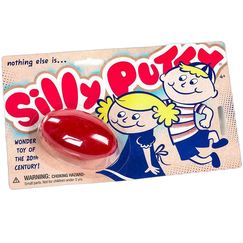Vintage-style packaging of Silly Putty featuring cartoon children and a red putty egg, handcrafted and made in the USA, ideal for indoor play and children's toys collections.
