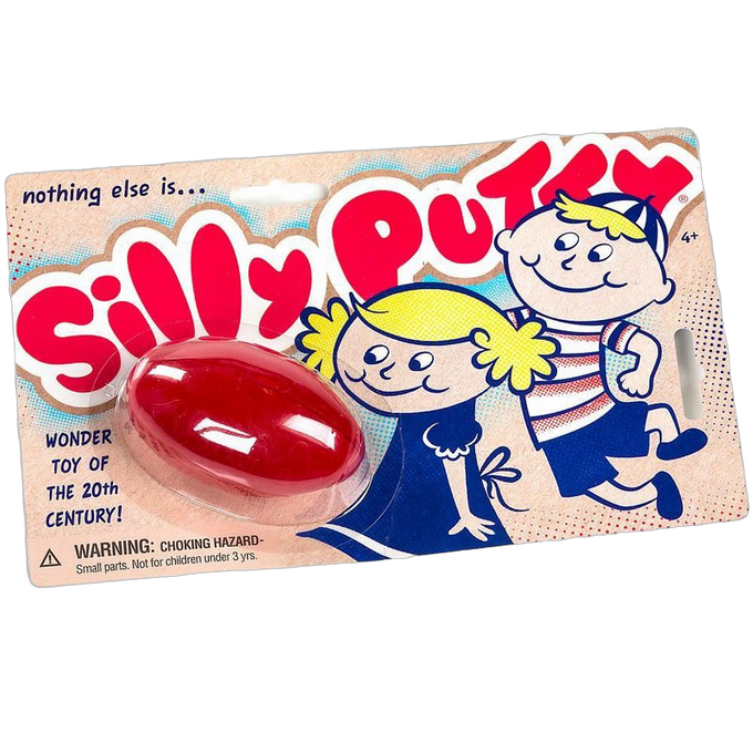 Vintage-style packaging of Silly Putty featuring cartoon children and a red putty egg, handcrafted and made in the USA, ideal for indoor play and children's toys collections.