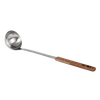 Large stainless steel soup ladle with a wooden handle, handcrafted for serving generous portions of stews and soups in camping, kitchen, and farm settings.