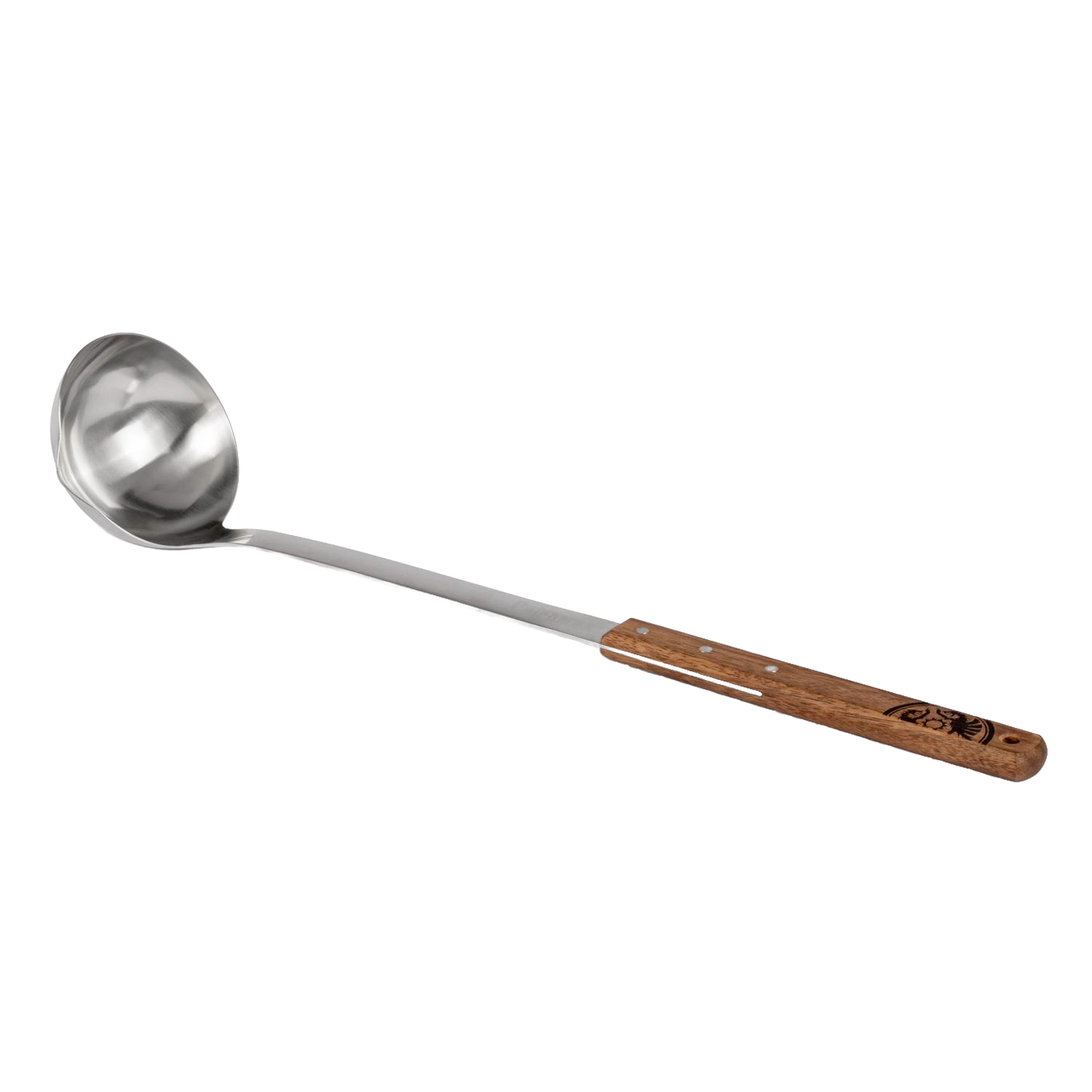 Large stainless steel soup ladle with a wooden handle, handcrafted for serving generous portions of stews and soups in camping, kitchen, and farm settings.