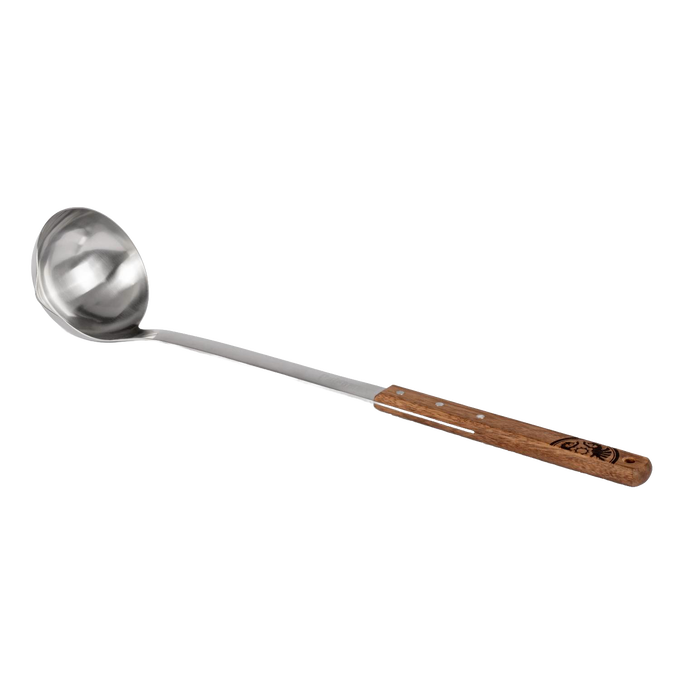 Large stainless steel soup ladle with a wooden handle, handcrafted for serving generous portions of stews and soups in camping, kitchen, and farm settings.