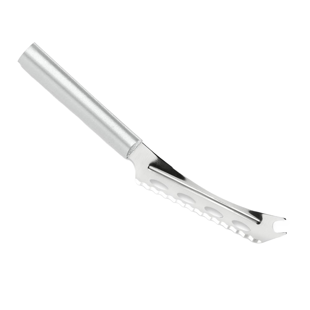 Sleek serrated cheese knife with a curved stainless steel blade and smooth handle, designed for effortless slicing of soft and hard cheeses, part of USA Made kitchen knives collections.