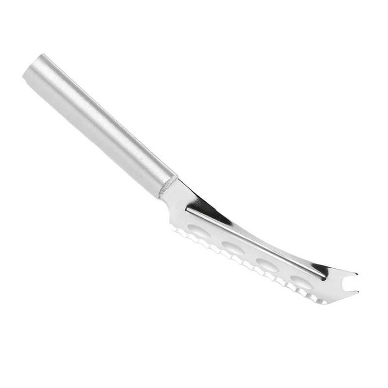 Sleek serrated cheese knife with a curved stainless steel blade and smooth handle, designed for effortless slicing of soft and hard cheeses, part of USA Made kitchen knives collections.