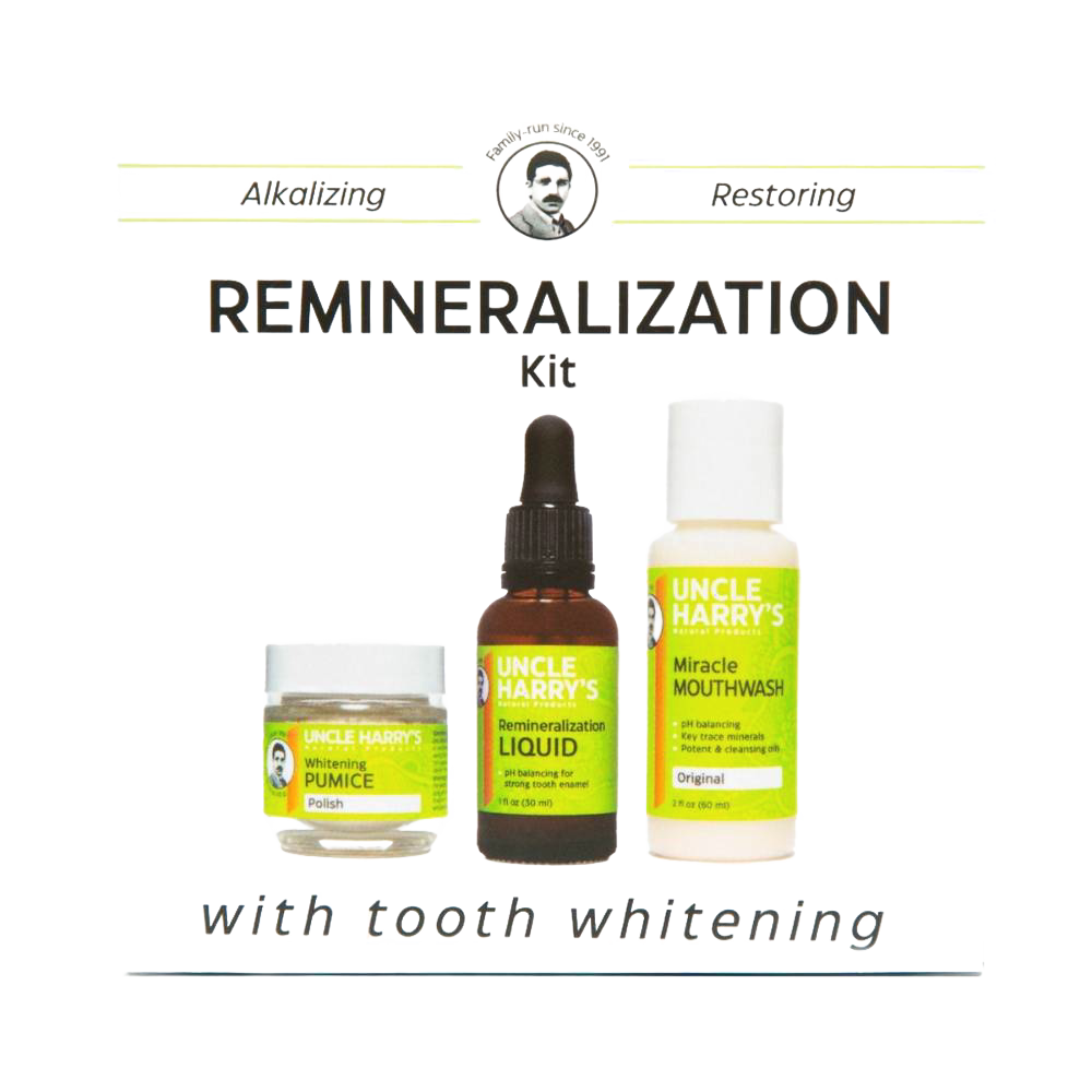Handcrafted remineralization kit with whitening pumice polish, liquid serum, and miracle mouthwash, made in USA, ideal for Health & Wellness, Grooming and Personal Hygiene, USA Made, Best Sellers, and Promo Eligible collections.
