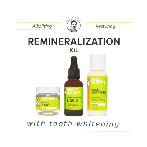 Handcrafted remineralization kit with whitening pumice polish, liquid serum, and miracle mouthwash, made in USA, ideal for Health & Wellness, Grooming and Personal Hygiene, USA Made, Best Sellers, and Promo Eligible collections.