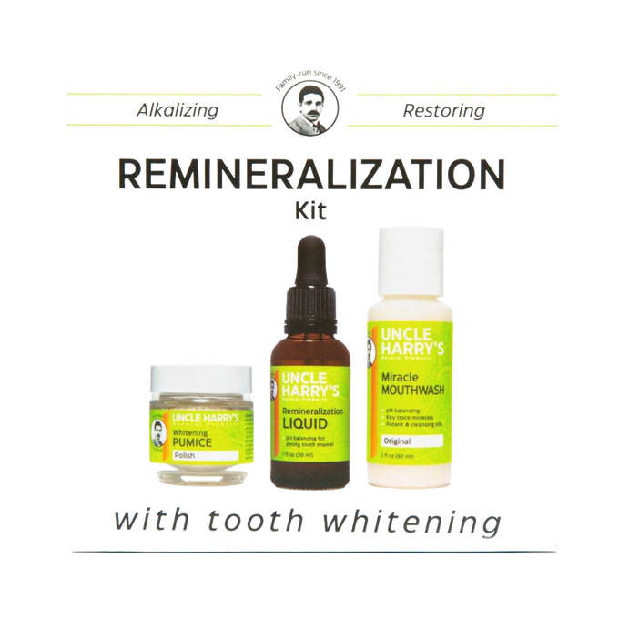 Handcrafted remineralization kit with whitening pumice polish, liquid serum, and miracle mouthwash, made in USA, ideal for Health & Wellness, Grooming and Personal Hygiene, USA Made, Best Sellers, and Promo Eligible collections.