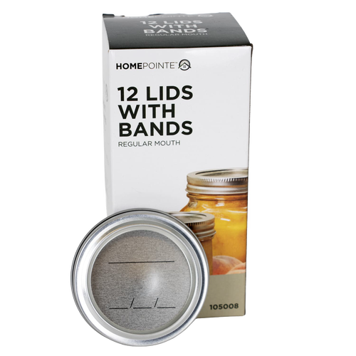 Box of 12 regular-mouth canning jar lids with bands featuring BPA-free sealing compound, ideal for food preservation and kitchen use, part of Canning and Best Sellers collections.