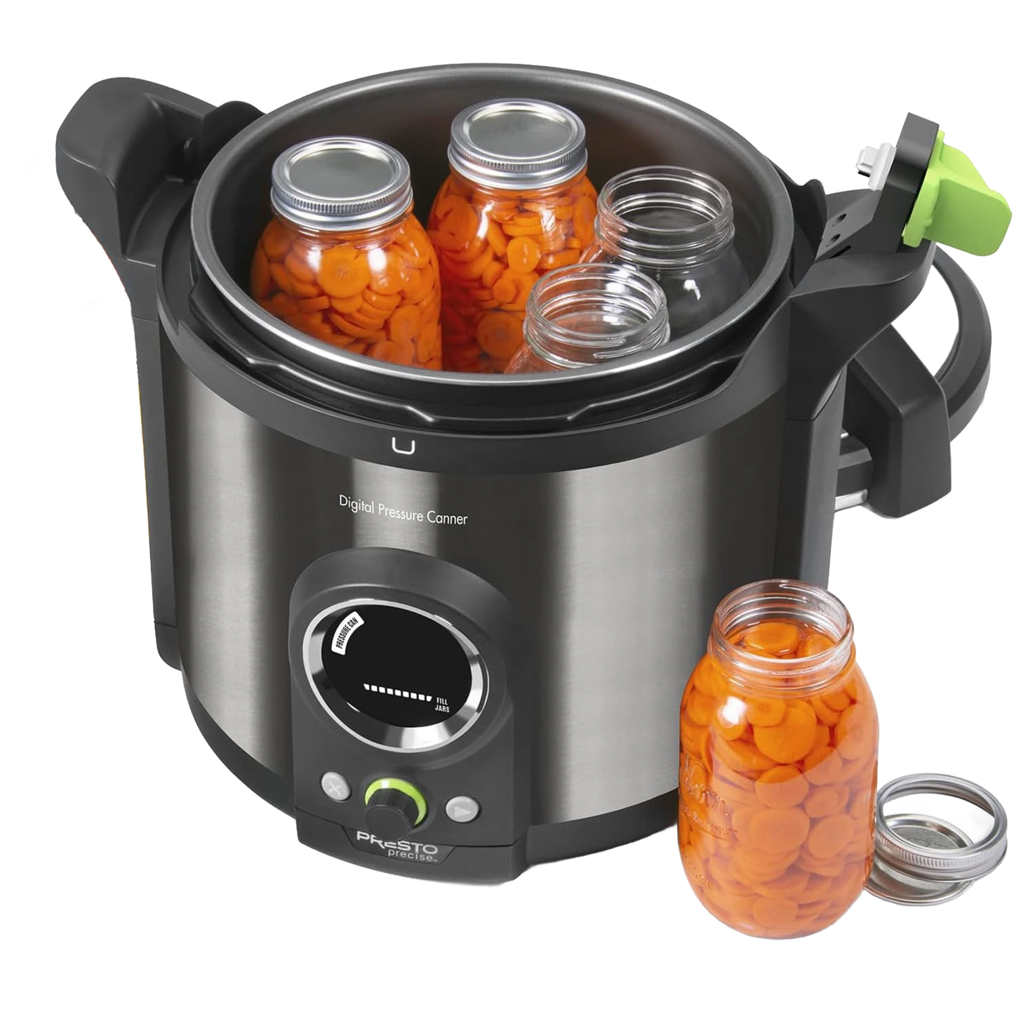 Electric 12-quart stainless steel digital pressure canner with black handles and green accent on lid, shown with glass jars of preserved sliced carrots, ideal for food preservation in kitchen and canning collections.