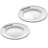 Pair of sturdy white enamel camping plates with black rim and logo, lightweight and heat-resistant, perfect for outdoor dining in Farm, Garden & Tool, Kitchen & Food, Camping, and Dinnerware collections.
