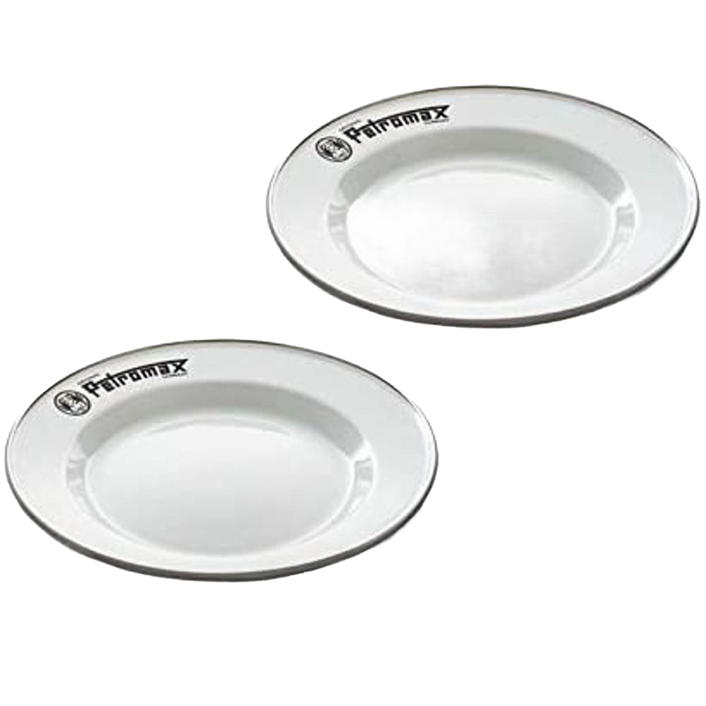 Pair of sturdy white enamel camping plates with black rim and logo, lightweight and heat-resistant, perfect for outdoor dining in Farm, Garden & Tool, Kitchen & Food, Camping, and Dinnerware collections.