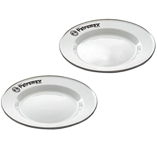 Pair of sturdy white enamel camping plates with black rim and logo, lightweight and heat-resistant, perfect for outdoor dining in Farm, Garden & Tool, Kitchen & Food, Camping, and Dinnerware collections.