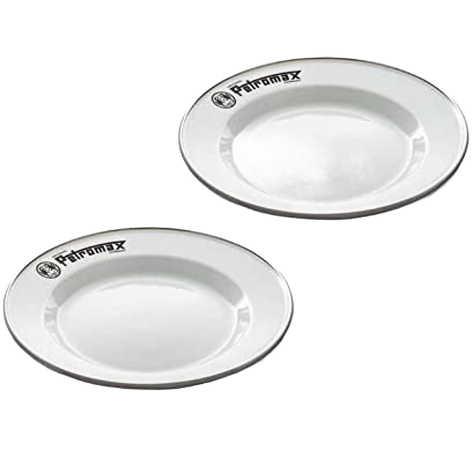 Pair of sturdy white enamel camping plates with black rim and logo, lightweight and heat-resistant, perfect for outdoor dining in Farm, Garden & Tool, Kitchen & Food, Camping, and Dinnerware collections.