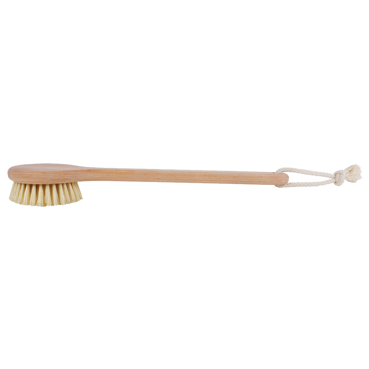 Long-handled bath brush with firm Tampico bristles and smooth oiled beechwood handle featuring a hanging loop, handcrafted for deep exfoliation in Health & Wellness, Grooming and Personal Hygiene, Best Sellers, and Promo Eligible collections.