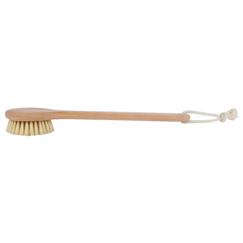 Long-handled bath brush with firm Tampico bristles and smooth oiled beechwood handle featuring a hanging loop, handcrafted for deep exfoliation in Health & Wellness, Grooming and Personal Hygiene, Best Sellers, and Promo Eligible collections.