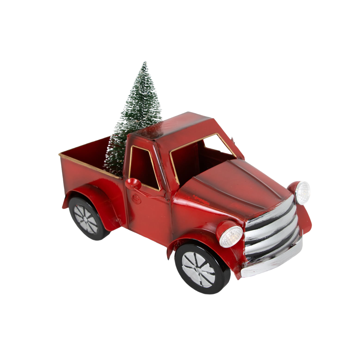 Red metal vintage-style truck decoration with a small green Christmas tree in the bed, featuring battery-operated lights, perfect for holiday decor and home accents.