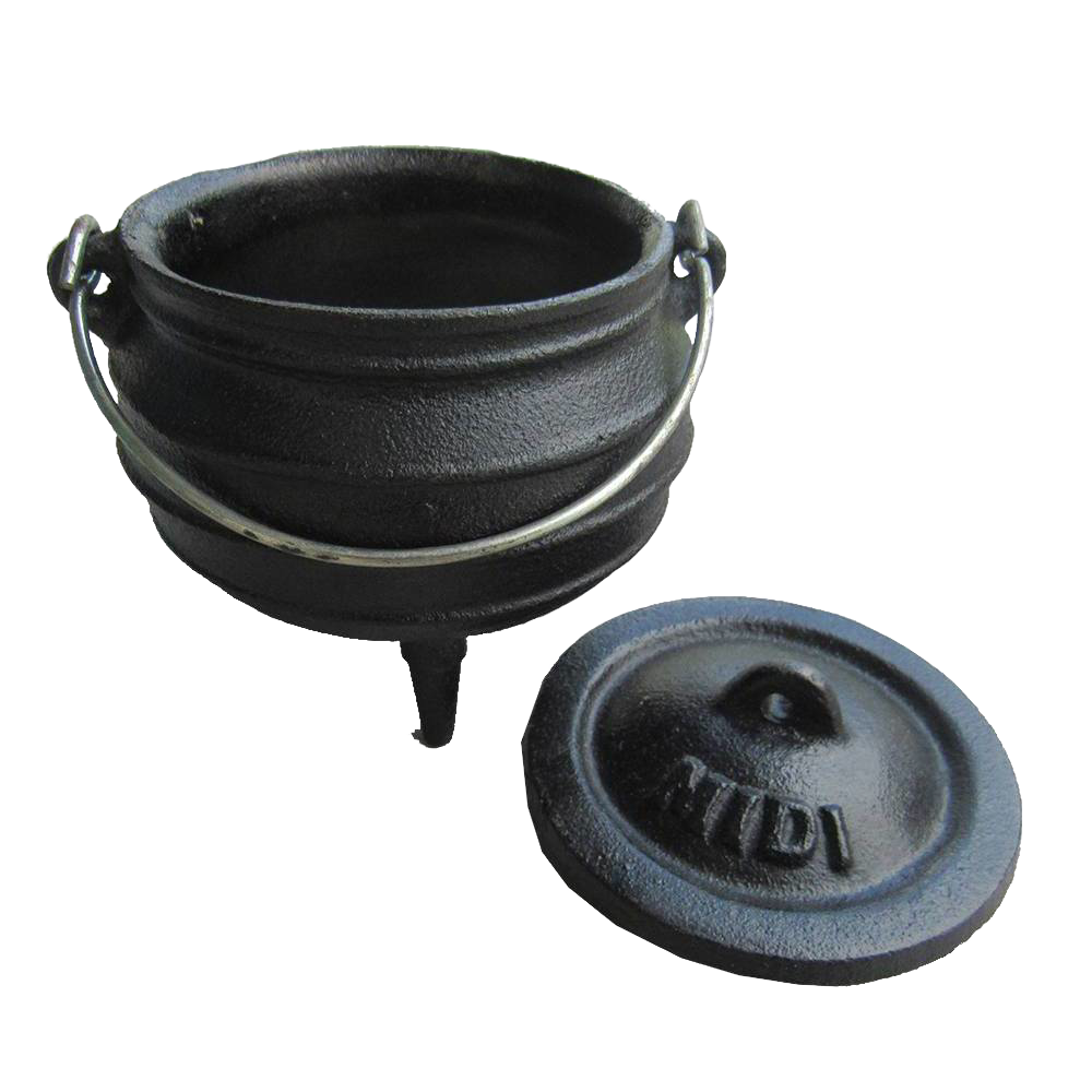 Small cast iron pot with three built-in legs and detachable lid marked "Midi," pre-seasoned with flaxseed oil, ideal for outdoor dining and kitchen use, featured in Kitchen & Food and Cast Iron collections.