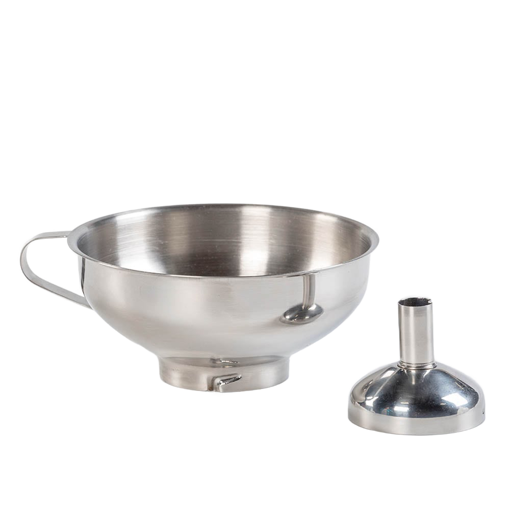 Stainless steel funnel with a detachable spout, designed for neat filling of jars and bottles, ideal for kitchen gadgets, food preservation, and canning accessories collections.
