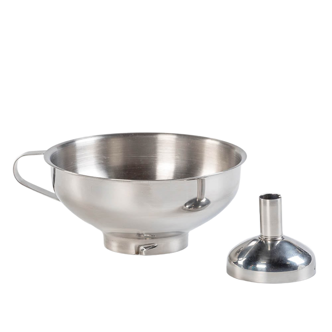 Stainless steel funnel with a detachable spout, designed for neat filling of jars and bottles, ideal for kitchen gadgets, food preservation, and canning accessories collections.