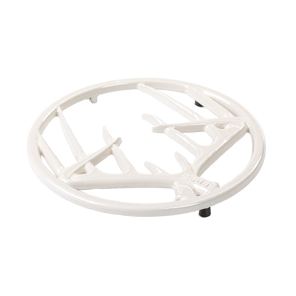 Round enamel trivet with antler design in white, featuring rubber feet for stability and heat protection, suitable for Kitchen & Food, Dinnerware, Storage and Serving, Best Sellers, and Promo Eligible collections.