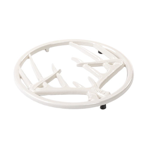 Round enamel trivet with antler design in white, featuring rubber feet for stability and heat protection, suitable for Kitchen & Food, Dinnerware, Storage and Serving, Best Sellers, and Promo Eligible collections.