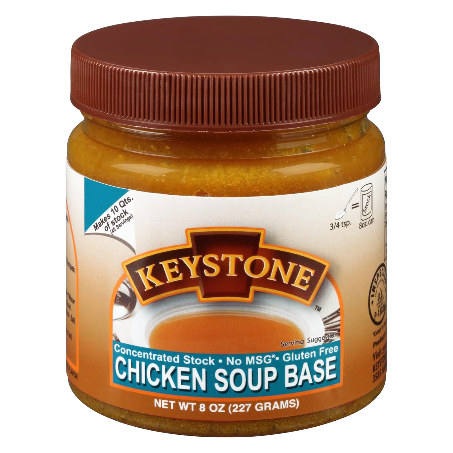 Jar of concentrated chicken soup base with brown lid and label highlighting gluten free, no MSG, and makes 10 quarts of stock, featured in Kitchen & Food and Pantry collections.