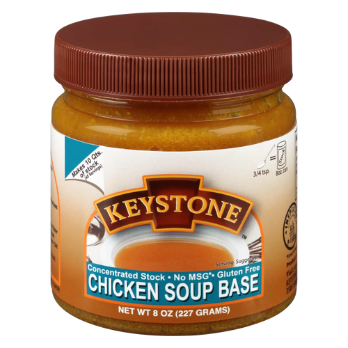 Jar of concentrated chicken soup base with brown lid and label highlighting gluten free, no MSG, and makes 10 quarts of stock, featured in Kitchen & Food and Pantry collections.