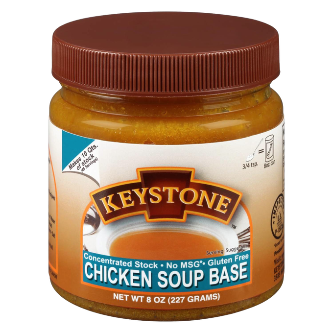 Jar of concentrated chicken soup base with brown lid and label highlighting gluten free, no MSG, and makes 10 quarts of stock, featured in Kitchen & Food and Pantry collections.