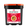 Large black and orange bucket labeled as emergency food supply with 60 servings, featuring a prepared meal image, designed for long shelf life and included in emergency supplies and pantry collections.