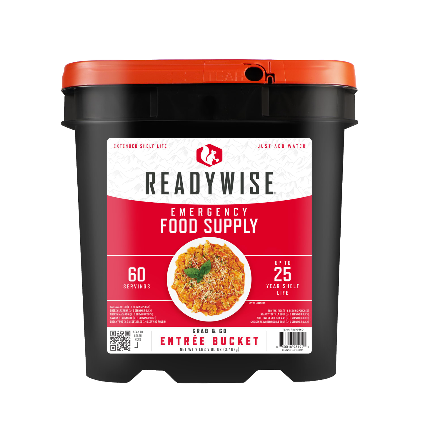 Large black and orange bucket labeled as emergency food supply with 60 servings, featuring a prepared meal image, designed for long shelf life and included in emergency supplies and pantry collections.