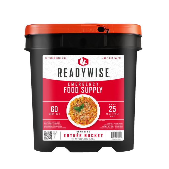 Large black and orange bucket labeled as emergency food supply with 60 servings, featuring a prepared meal image, designed for long shelf life and included in emergency supplies and pantry collections.